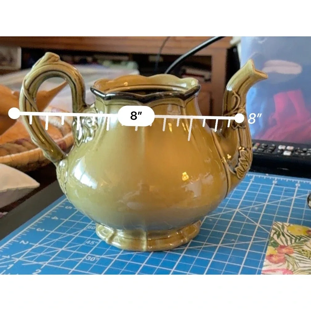 Green Ceramic Teapot Olive Green Embossed Leaf Victorian